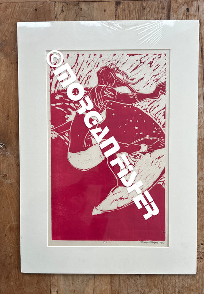 SURFER GIRL 1/4- RED- MATTED LINOCUT