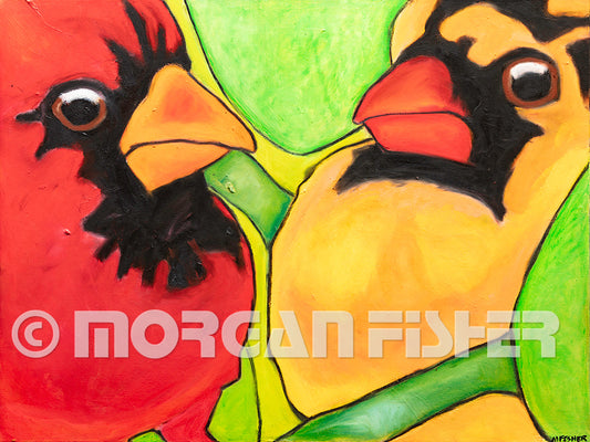 TWO CARDINALS IN LEAVES- PAINTING