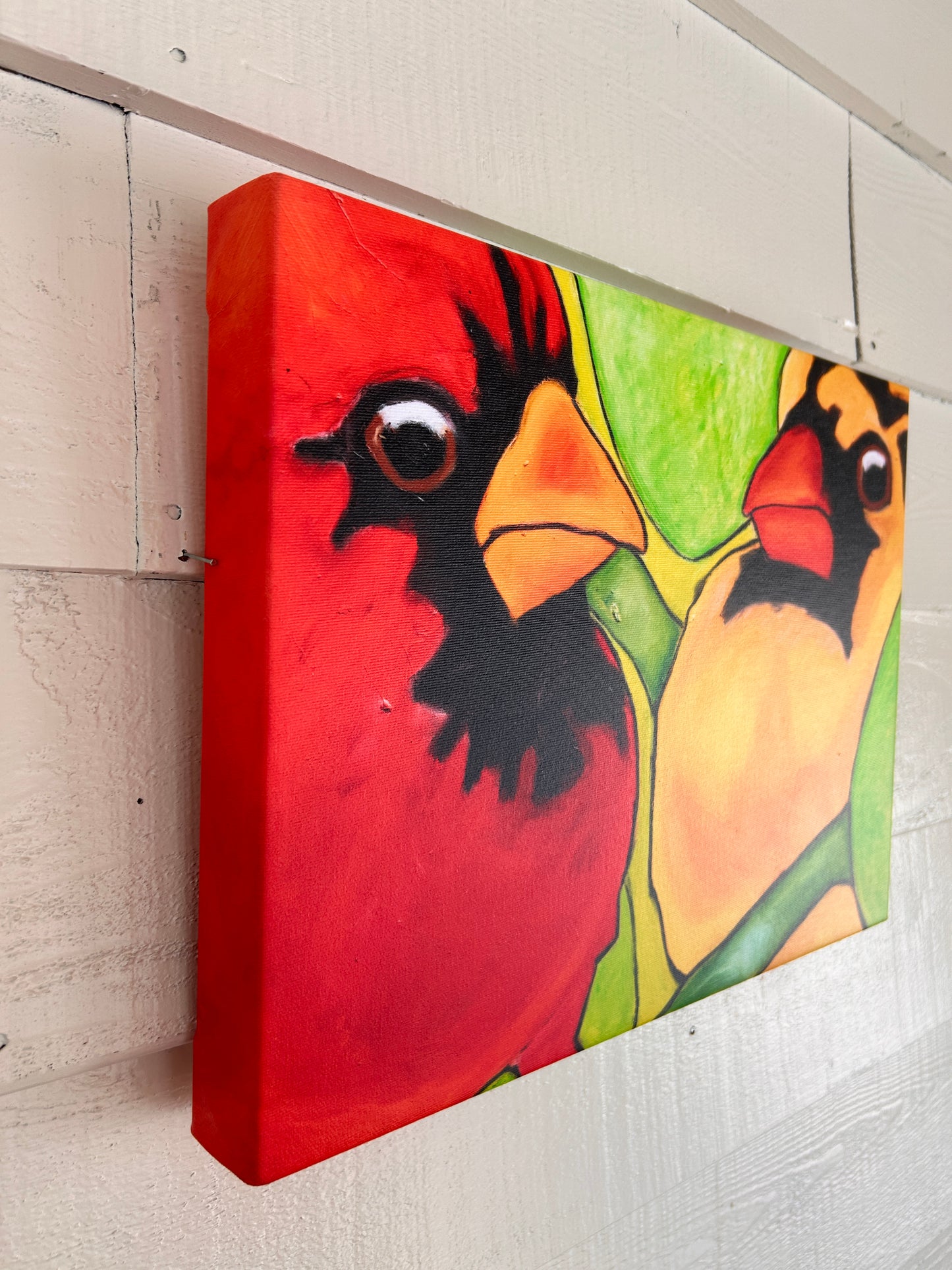 TWO CARDINALS IN LEAVES- CANVAS  GICLEE- 12 x 16