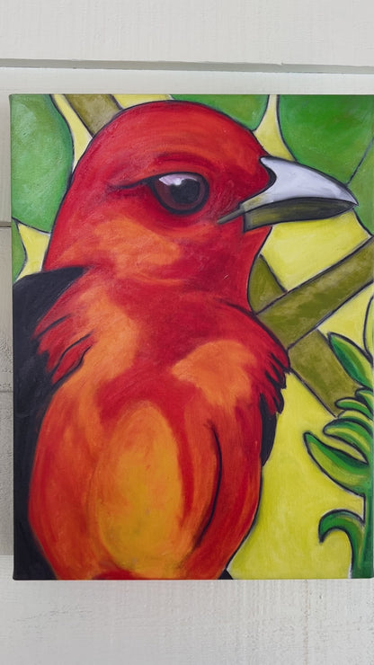 TANAGER IN LEAVES 2-CANVAS GICLEE -12 x 16