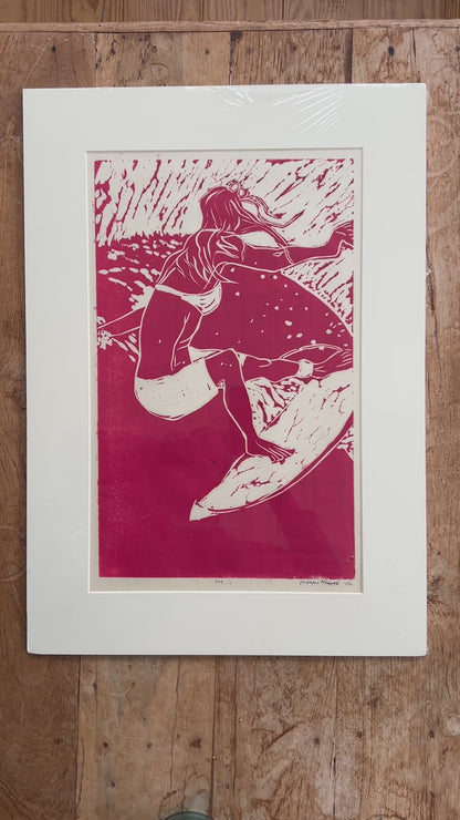 SURFER GIRL 1/4- RED- MATTED LINOCUT
