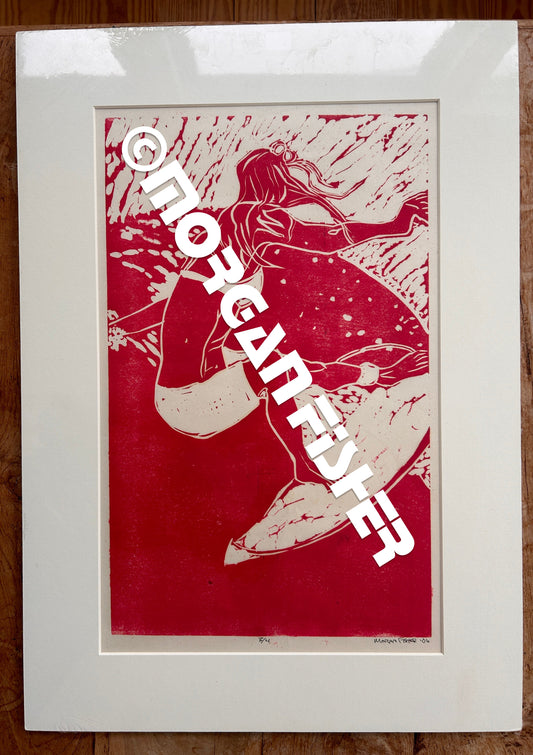SURFER GIRL 4/4 -RED- MATTED LINOCUT